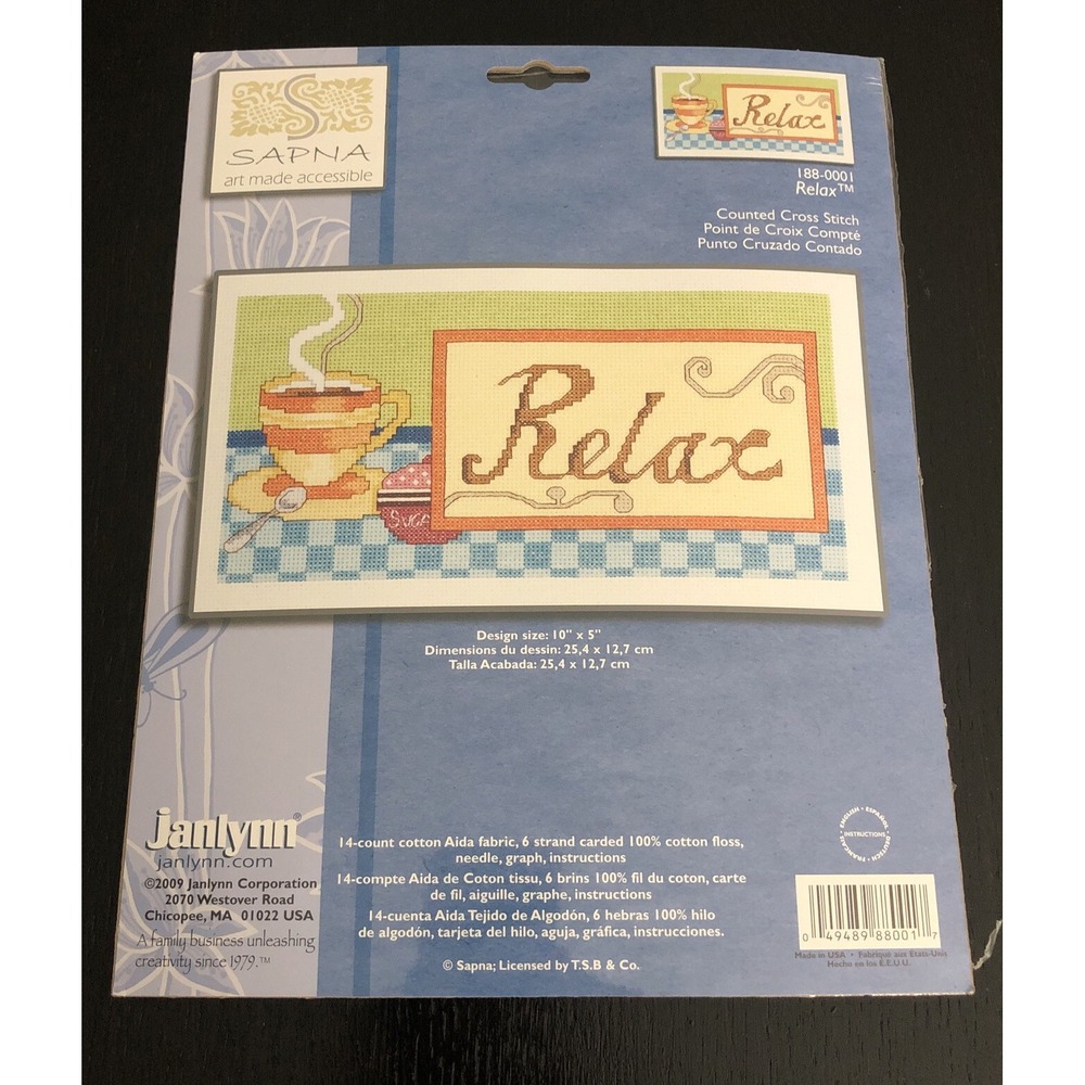 Janlynn Relax Counted Cross Stitch Kit 188-0001 Coffee Tea‎ Sapna 10x5 2009 NEW